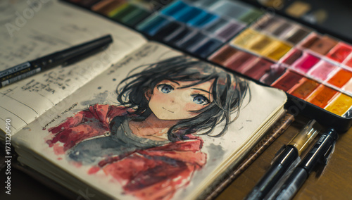 Close up of an anime girl portrait sketch with watercolor paints and brushes in a sketchbook
