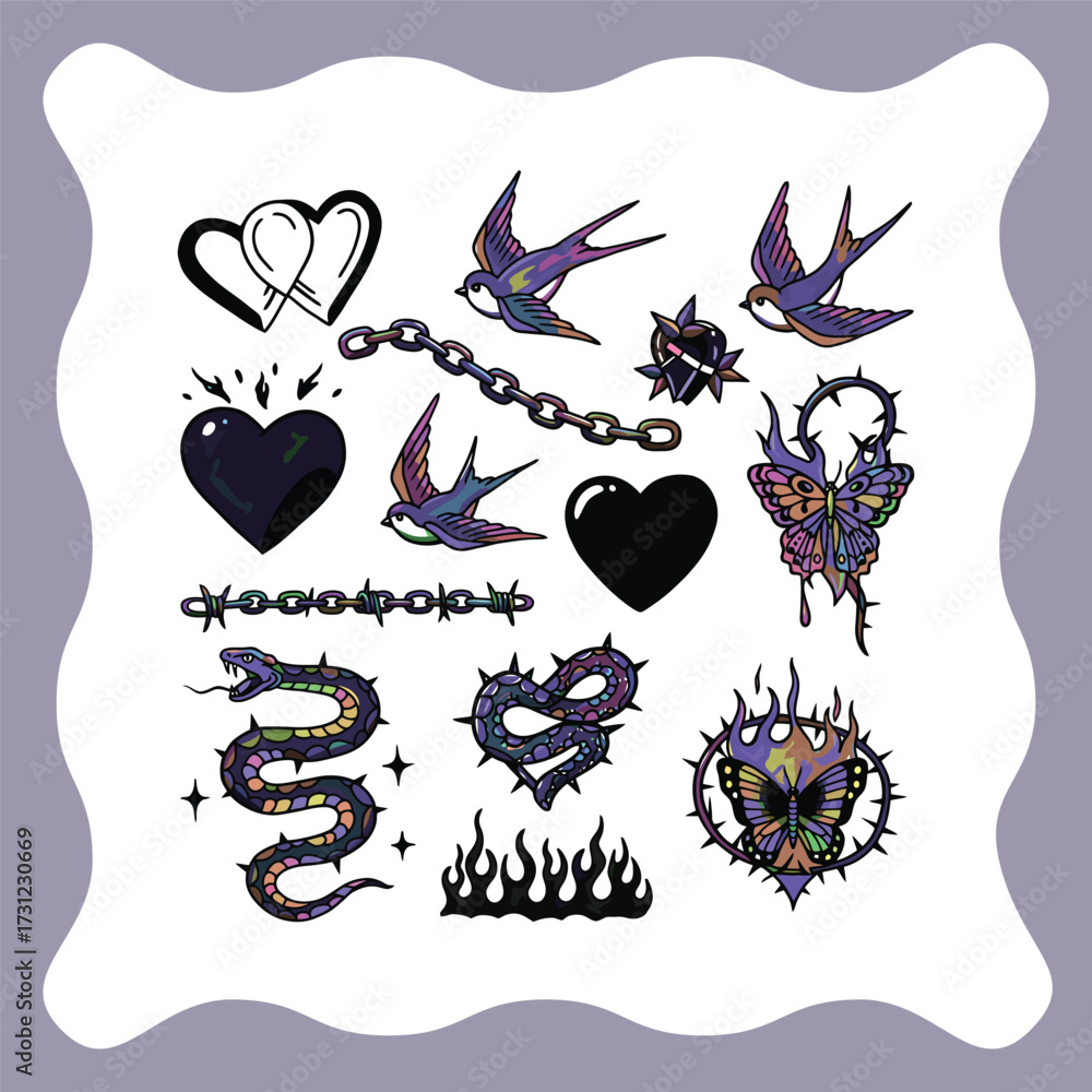 Obraz premium Gothic Tattoo Flash Sheet Featuring Hearts Swallows Snakes and Butterflies.