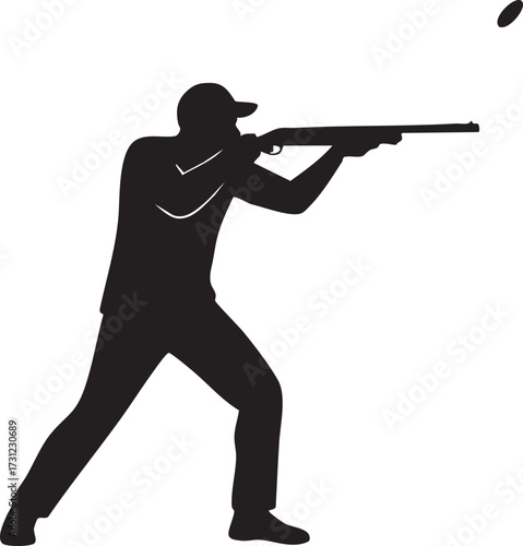 Silhouette person aiming and firing a shotgun with a clay pigeon flying isolated on white background