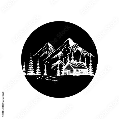black circle view of mountains and houses in the village.