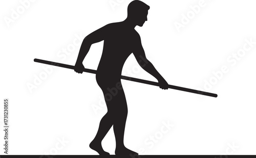 Silhouette person holding a long stick or pole in a dynamic pose isolated on white background