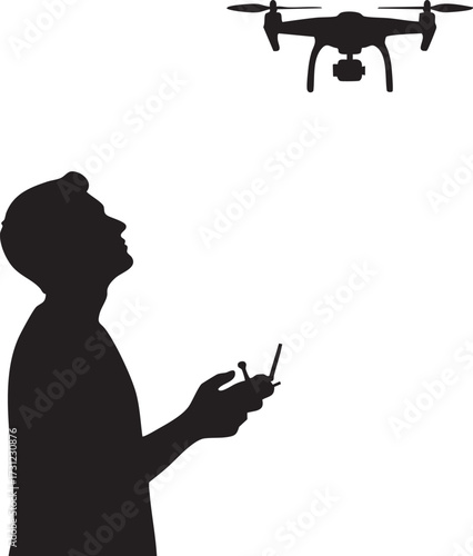Silhouette person controlling a drone from below with a remote isolated on white background silhouette