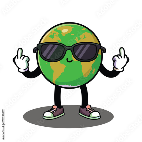 Cool Earth Cartoon Character with Sunglasses and Middle Fingers Up.