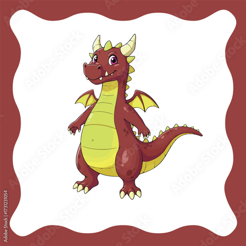 Cute cartoon dragon with red scales and yellow belly standing proudly.