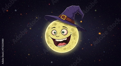 Smiling moon wearing a witch hat in space with stars background illustration