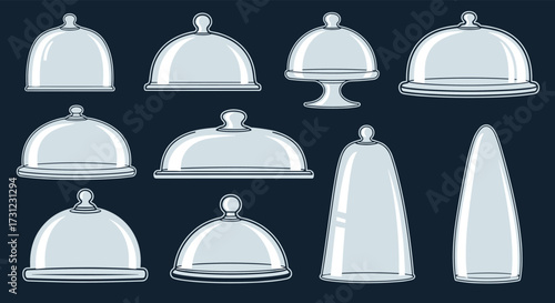 A collection of different shaped silver cloches with handles presented on a dark blue background.