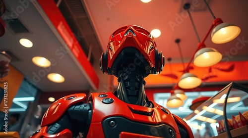 Red Robot in Modern Restaurant.