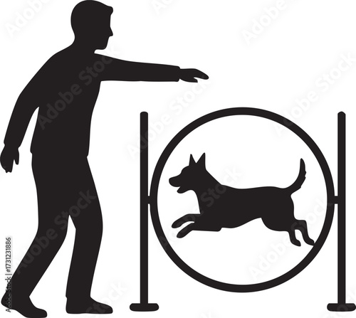 Silhouette person training a dog through a hoop obstacle in agility competition isolated on white background