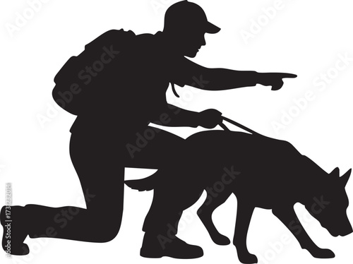 Silhouette person with a backpack pointing forward with a dog on a leash isolated on white background