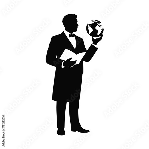 Black silhouette man holding globe and book vector
