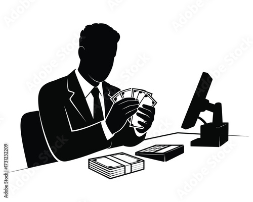 Black silhouette man in suit holding money at desk vector