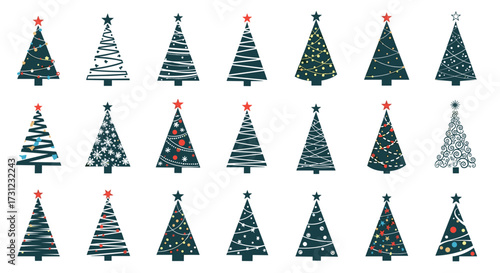 A collection of festive christmas trees decorated with ornaments and lights.
