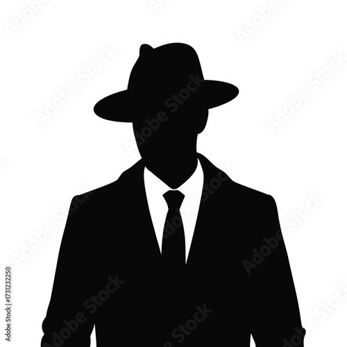 Black silhouette man wearing fedora suit and tie vector