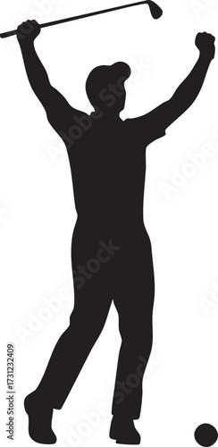 Silhouette triumphant golfer celebrating a successful shot with arms raised high isolated on white background