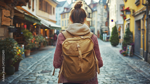 Fototapeta Naklejka Na Ścianę i Meble -  A woman walking through a small European town with a backpack, enjoying the local sights.