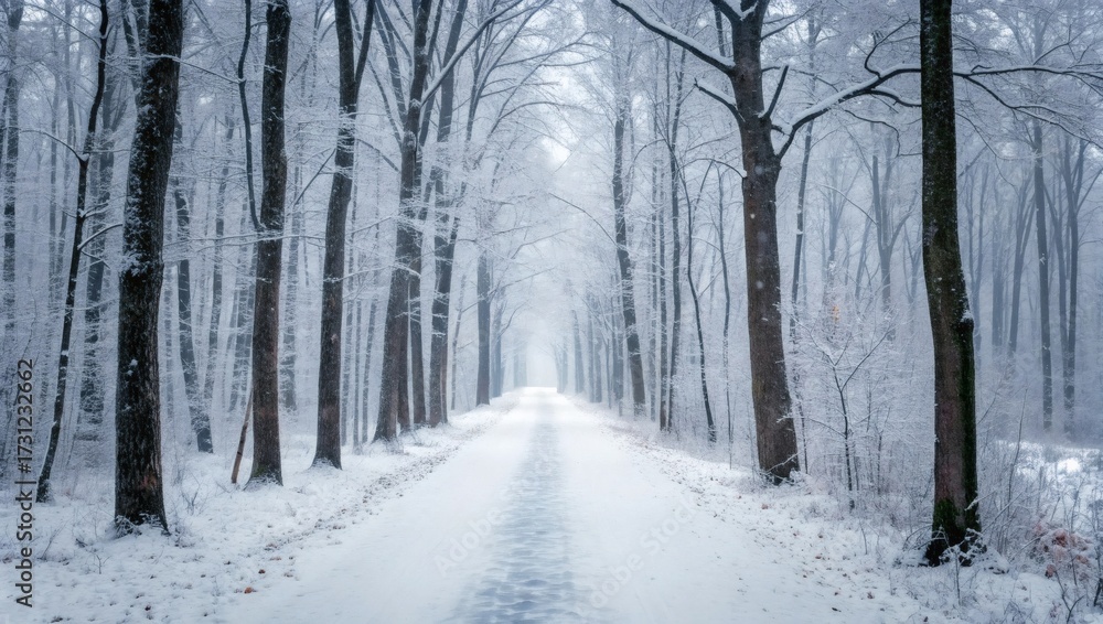 Naklejka premium Winter Forest Path with Snow Covered Trees