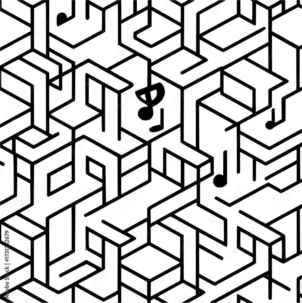 Obraz premium Abstract maze music notes black and white illustration for creative design projects and musical themes art work
