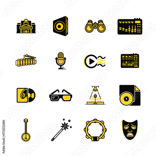 Duotone icons representing music production audio equipment entertainment and performance elements