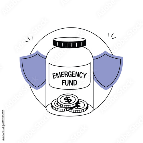 Jar of emergency fund protected by shields symbolizing financial security and safety
