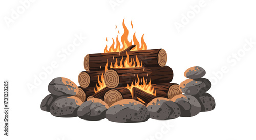 A warm campfire crackles merrily surrounded by smooth river stones on a clear day.