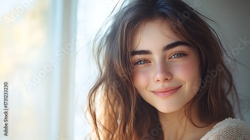 A photograph of a cheerful young woman winking, natural skin texture, faint smile lines near eyes, soft pink blush on cheeks, minimal makeup, glowing complexion, loose hair slightly tousled,