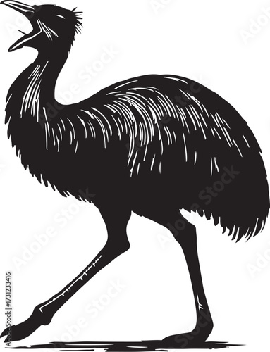 Silhouette of a large flightless emu bird with its beak open and head tilted back in a vocalization pose