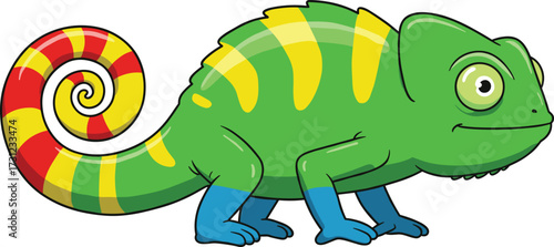 Colorful cartoon chameleon illustration with green body, striped tail, bright patterns, exotic reptile vector design symbolizing camouflage, wildlife, nature, tropical animal art