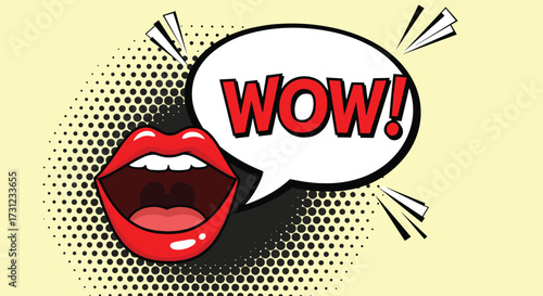 Open mouth with wow speech bubble in comic book style.