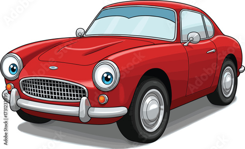 Classic red vintage car illustration with retro design, cartoon style vehicle artwork, antique automobile concept, old fashioned transportation vector for collectors and enthusiasts