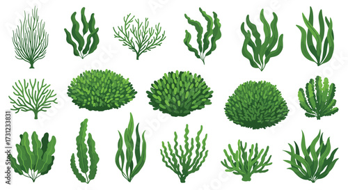 A collection of pixel art green plants and bushes for game development.