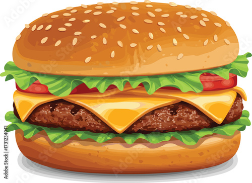 Delicious cheeseburger illustration with beef patty, melted cheese, lettuce, tomato, sesame seed bun, fast food concept, tasty sandwich vector design artwork