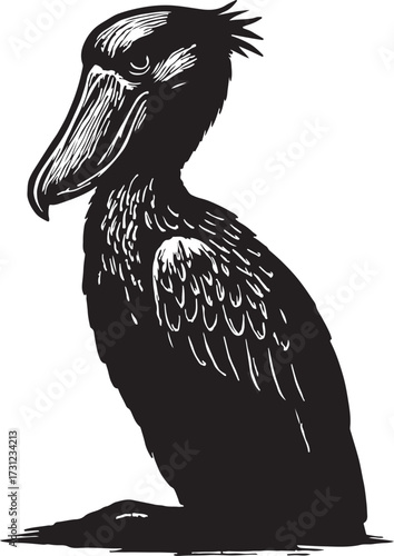 Striking black and white illustration of a shoebill stork with its distinctive large beak and intense gaze on a white background