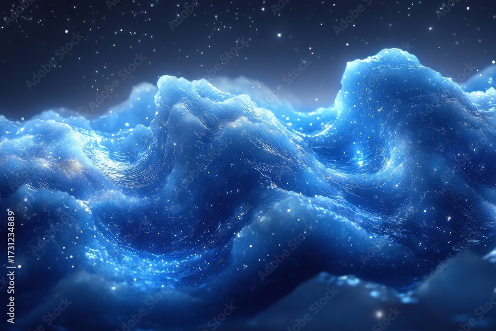 Fototapeta premium Stars twinkle in a blue sky dotted with fluffy clouds.