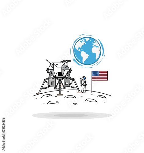 Astronaut on the moon with lunar lander and earth graphic