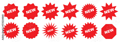 Set of red starburst shapes. Product tag labels. Sale price stickers. Star burst boxes. Discount promo stamps. Circle, round splash badges. Vector illustration.