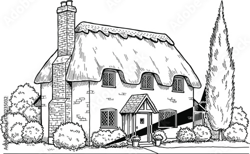 Vintage countryside cottage house illustration with thatched roof, garden trees, detailed chimney, traditional rural architecture, cozy home design, black and white vector drawing