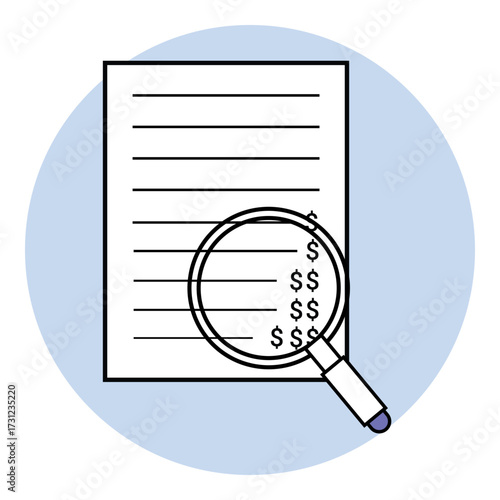 Magnifying glass inspecting document with dollar signs indicating high expenses and costs