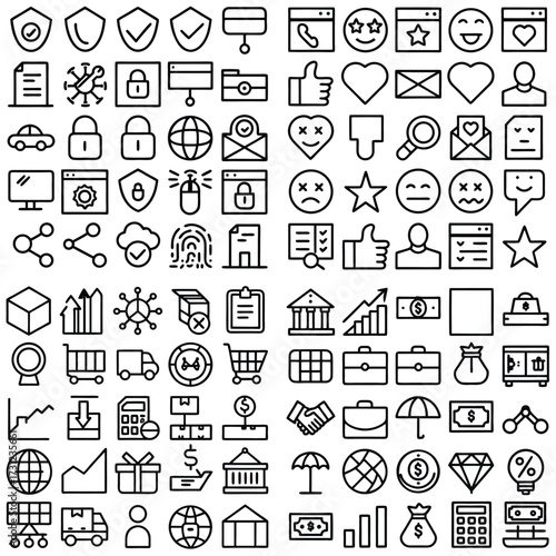 Large Collection of Black Outline Icons on White Background Diverse Set of Symbols for Web Design and Mobile Apps
