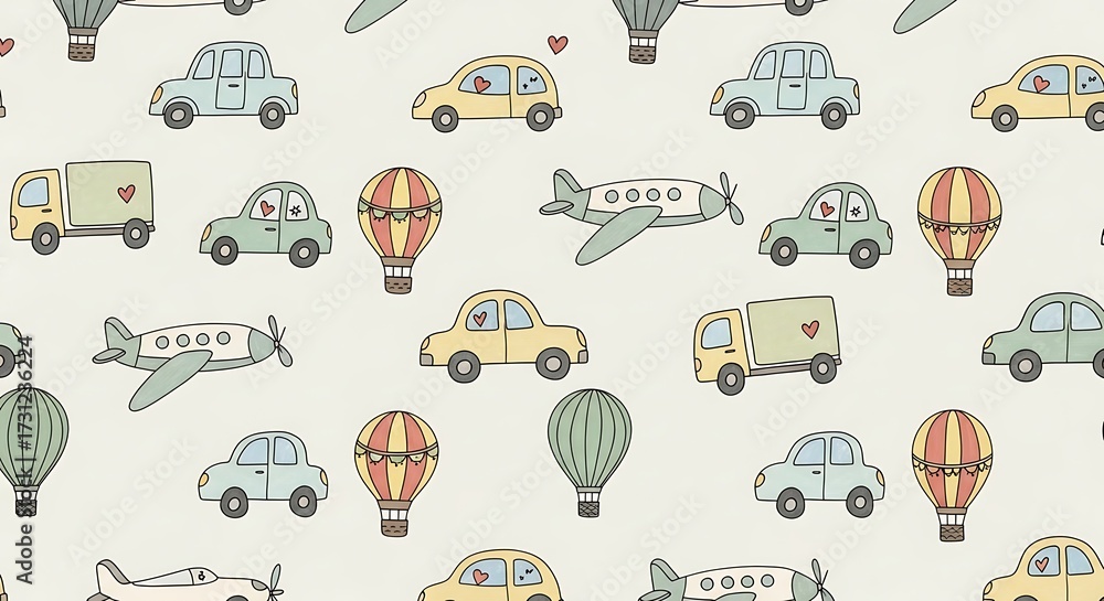 A charming seamless pattern featuring cute cartoon cars, trucks, airplanes, and hot air balloons in soft pastel colors, perfect for children's designs.