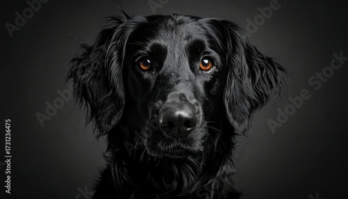 Close-up portrait of a black dog against a dark background