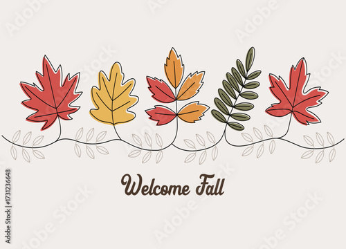 Charming Welcome Fall Illustration with Autumn Leaves and Decorative Vines for Seasonal Greetings and Creative Designs