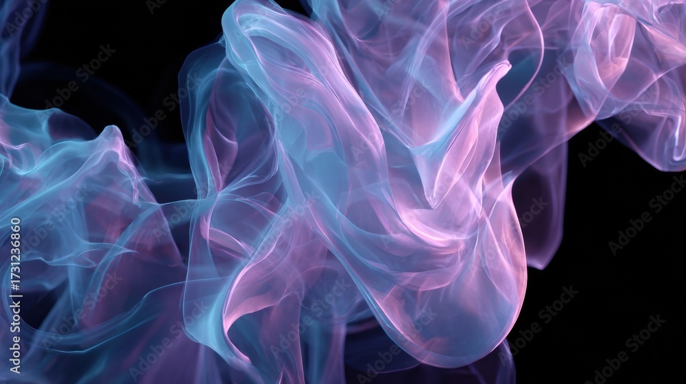 Obraz premium Swirling Translucent Smoke in Blue and Pink Gradient with Illuminated Glow on Black Background in Abstract Digital Composition