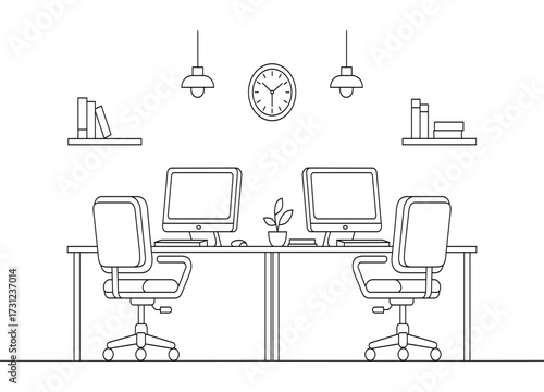 Modern minimalist office workspace illustration with computers desks and chairs for creative and productive environment