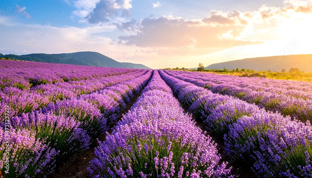 Obraz premium Fields of lavender bloom at sunset, creating a peaceful atmosphere for emotional wellness