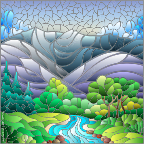 Illustration in the style of a stained glass window with an autumn landscape, a stream, trees and bushes against the background of mountains and the sky