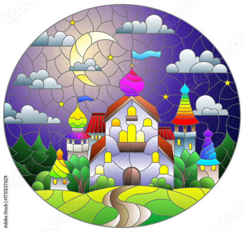 An illustration in the style of a stained glass window with an ancient castle on the background of a landscape and a night sky