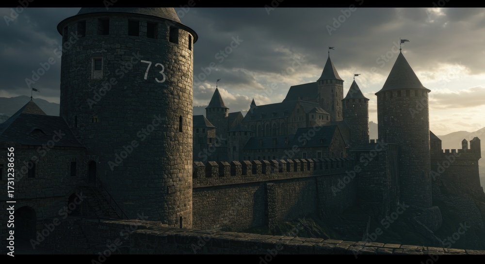 Fototapeta premium Ancient Stone Castle Fortress Under Dramatic Sky