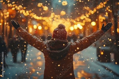 Person standing with raised arms in snow.