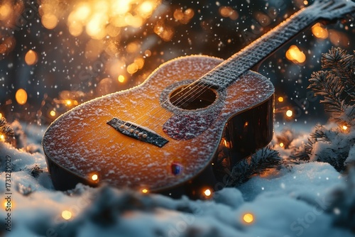 Guitar resting in the snow, surrounded by white.