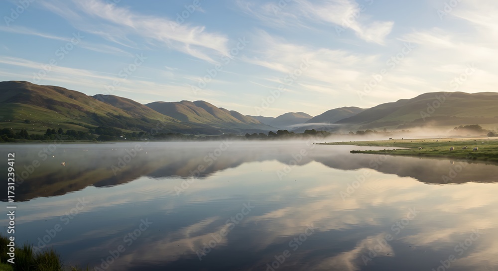 Fototapeta premium Scenic landscape photograph of calm lake water reflecting mountains and sky